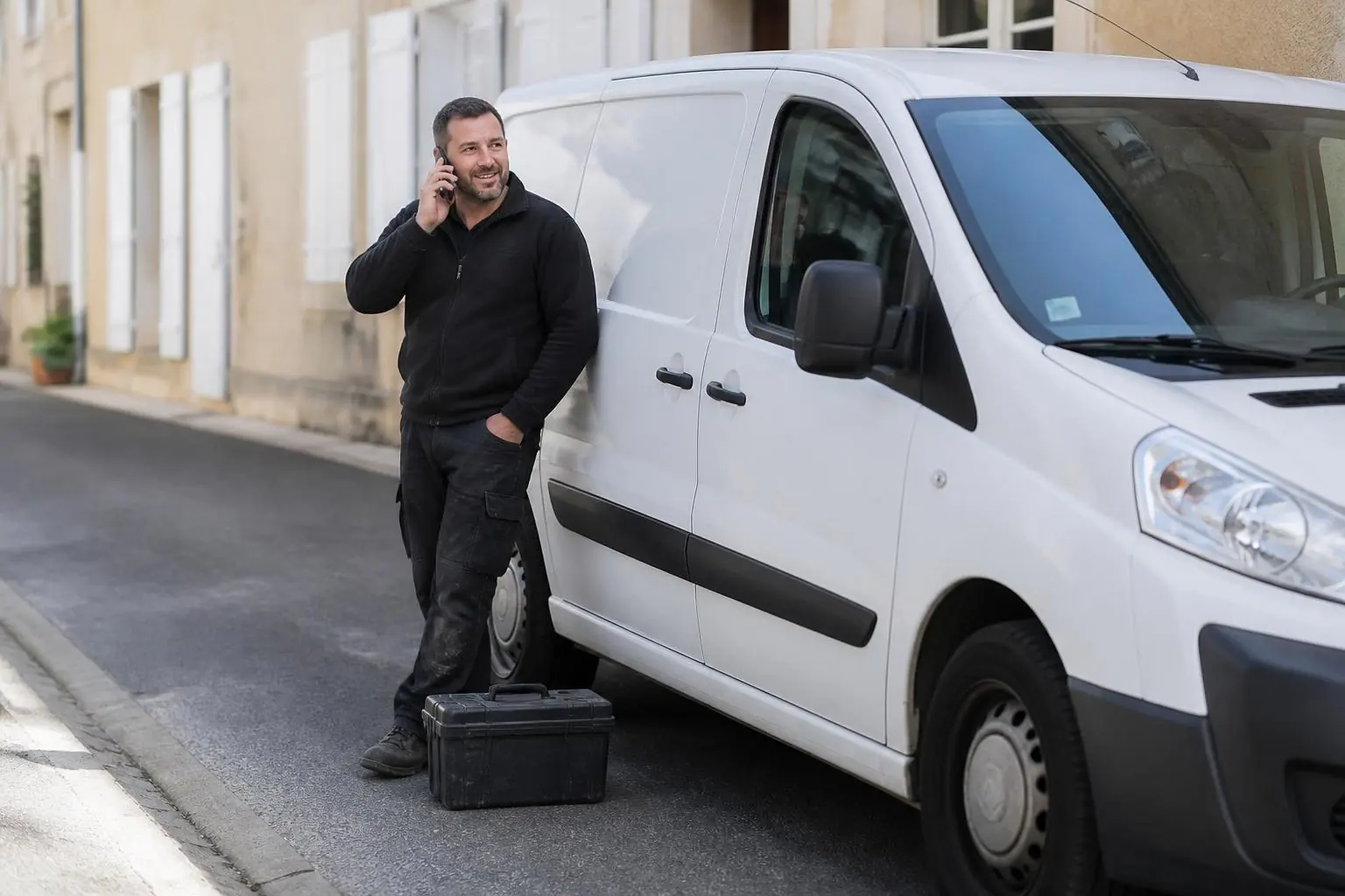 Artisan au téléphone à côté de sa camionnette d'intervention