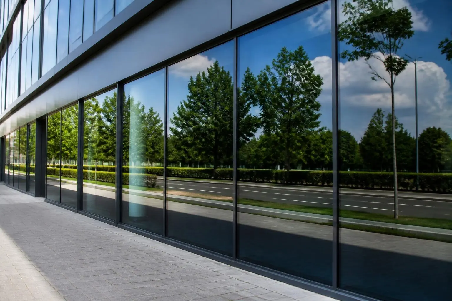 Façade vitrée de bureaux avec film miroir reflétant la rue