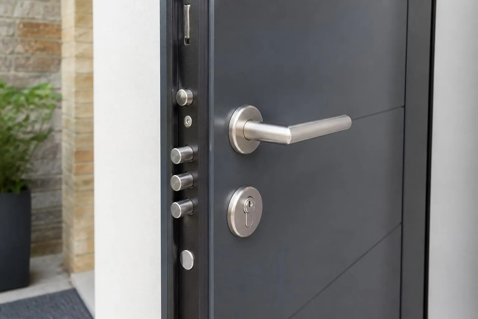 Porte d'entrée équipée d'une serrure multipoints et d'un cylindre de sécurité