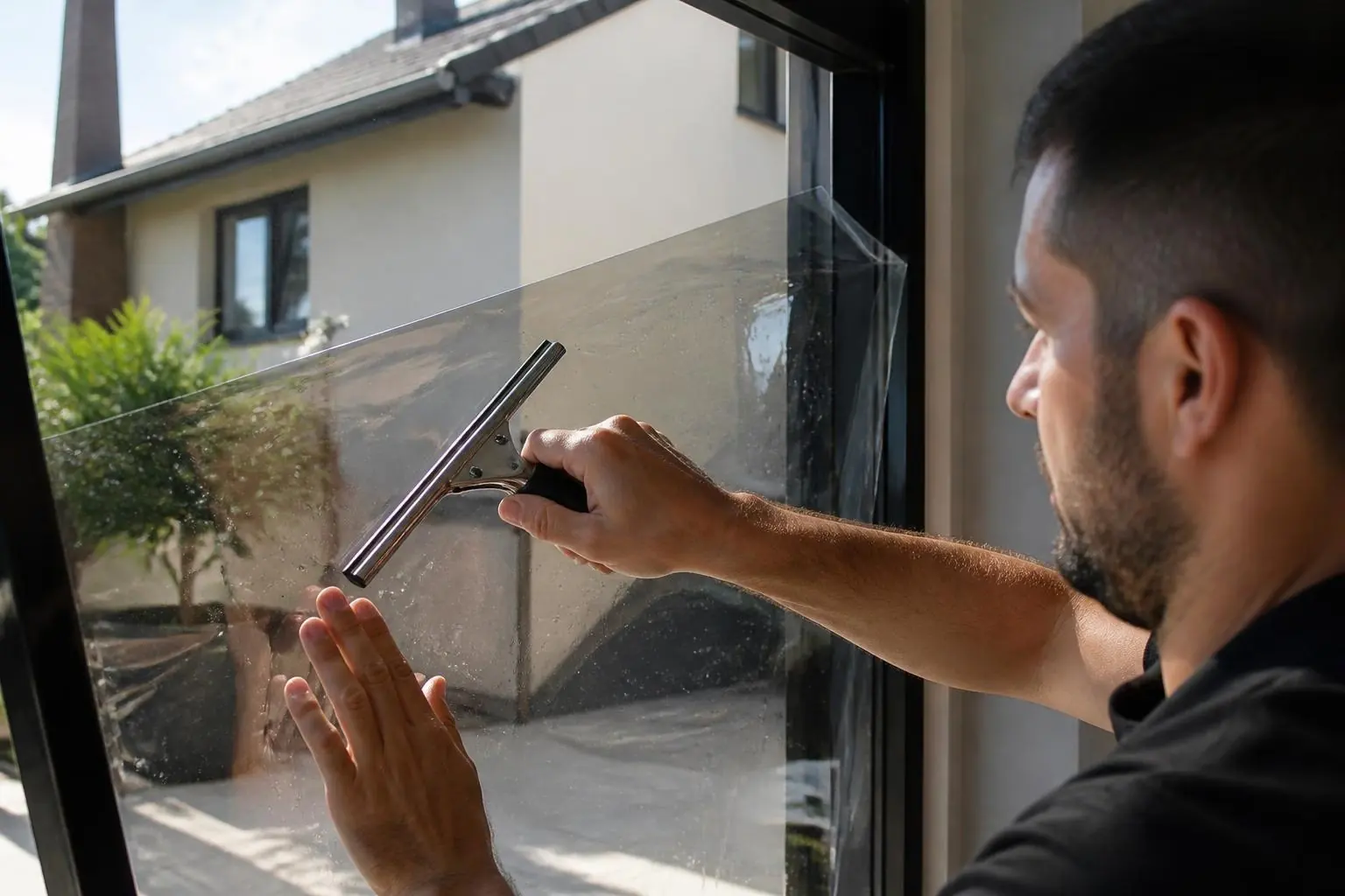 Pose d'un film solaire sur une vitre à l'aide d'une raclette