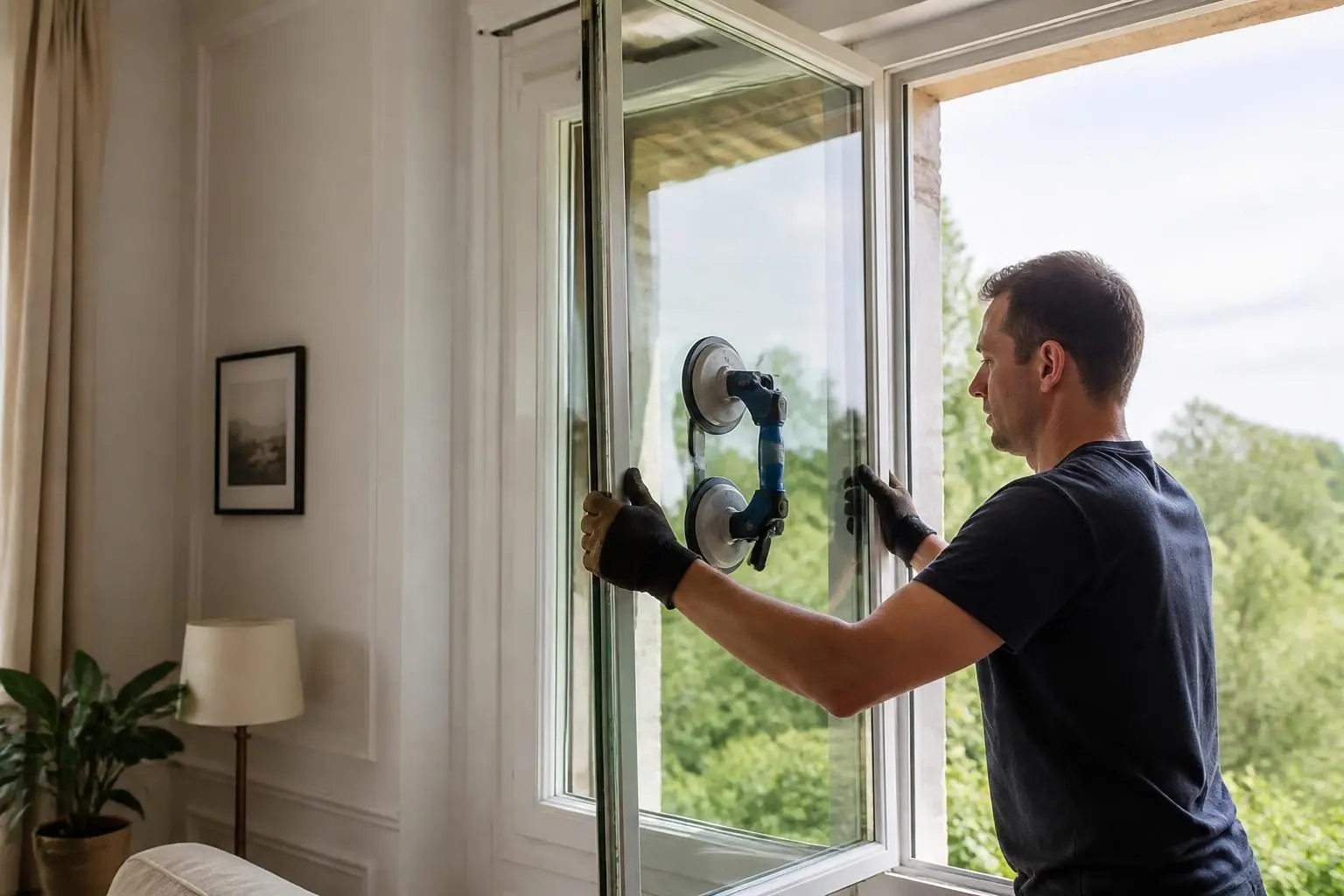 Pose d'un double vitrage dans une fenêtre à l'aide d'une ventouse