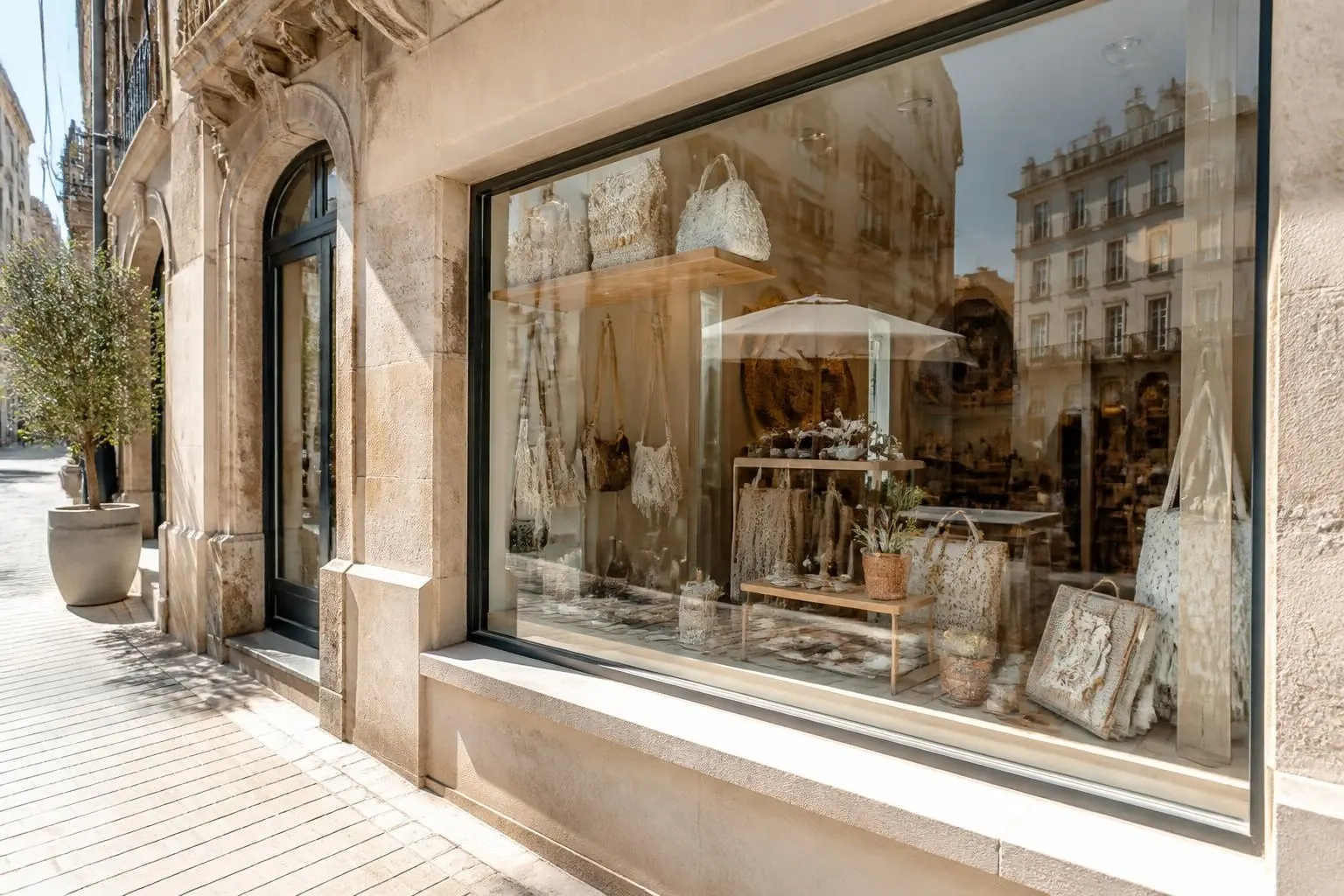 Vitrine de boutique exposée au soleil dans une rue commerçante
